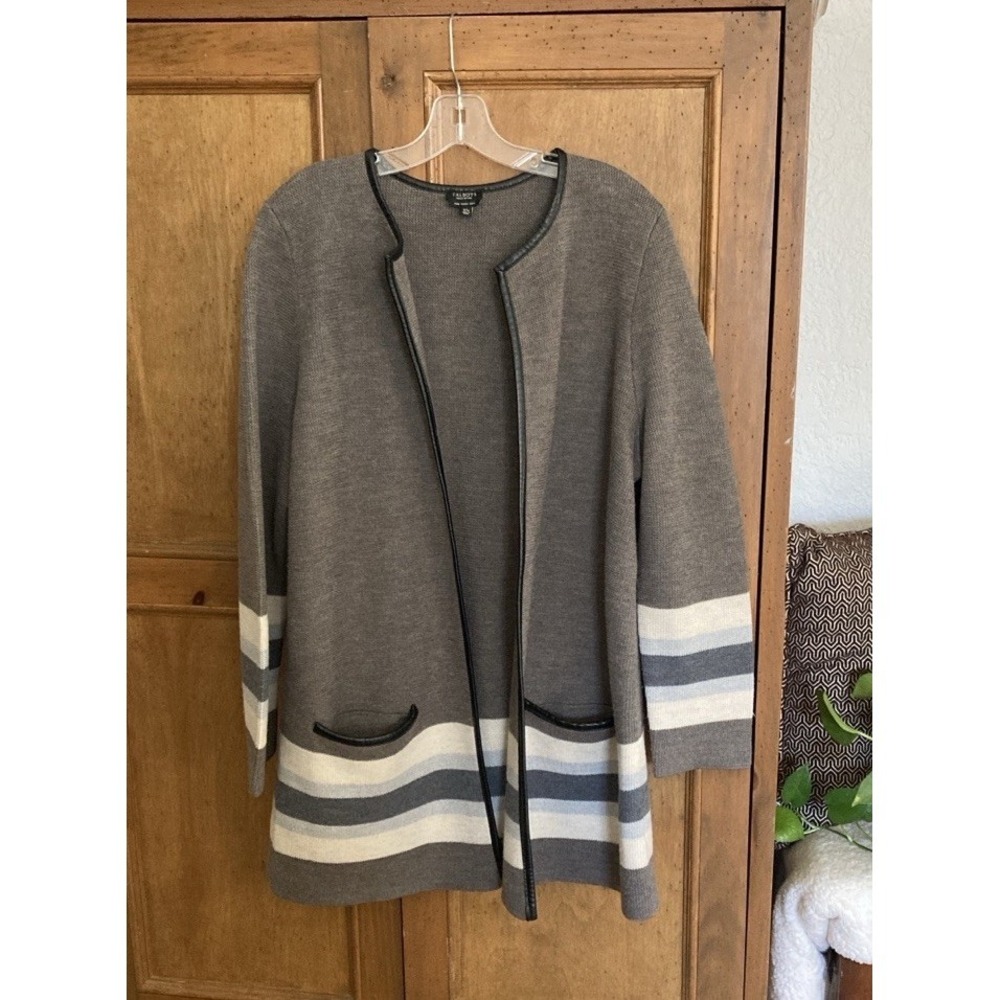 Talbots Open Cardigan Sweater Merino Wool Petite  2XP Gray w- Faux Leather
